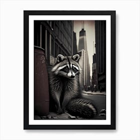 Raccoon In City Vintage Art Print