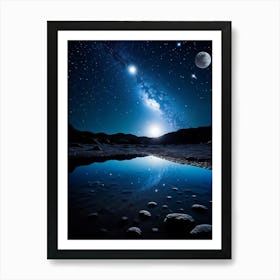 Moon In Night Sky Viewed From Below With Stars And The Glow Of Craters Satellites In Orbit Castin Art Print