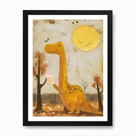 Cute Dinosaur Reading A Letter Mustard Art Print