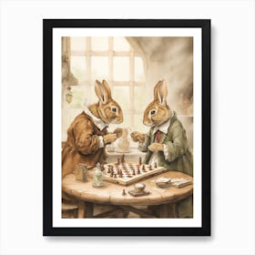 Bunny Playing Chess Rabbit Prints Watercolour 3 Art Print