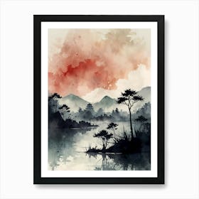 Asian Landscape Watercolor Painting Art Print