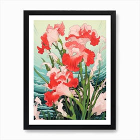 Great Wave With Gladiolus Flower Drawing In The Style Of Ukiyo E 4 Art Print