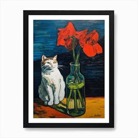 Still Life Of Amaryllis With A Cat 3 Art Print
