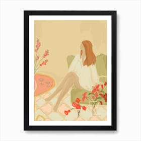 Sunday Without The Scaries, Girl In A Chair With Flowers Art Print
