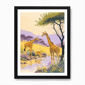 Giraffes Drinking From A Watering Hole Art Print