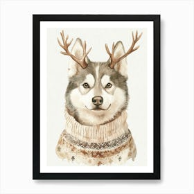 Husky Dog In Christmas Jumper And Reindeer Antlers Neutral Art Print