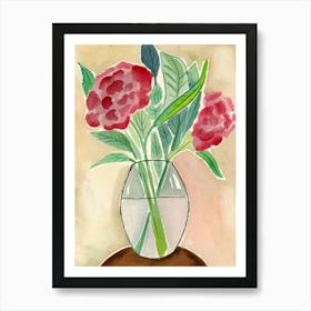 Two Red Flowers In A Glass Vase - floral beige red green Art Print