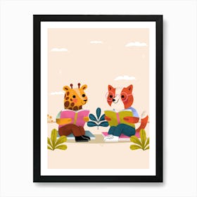 Giraffe And Fox Reading 1 Art Print