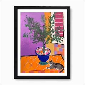 A Painting Of A Still Life Of A Lilac With A Cat In The Style Of Matisse 1 Art Print