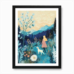 A Girl Walks Her Dog On Country Road Colorful Art Print