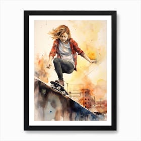 Girl Skateboarding In Berlin, Germany Watercolour 4 Art Print