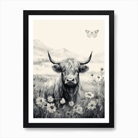 Black & White Illustration Of Highland Cow With Butterfly Art Print