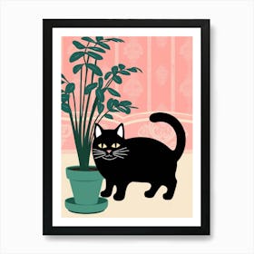 Black Cat With Potted Plant Art Print