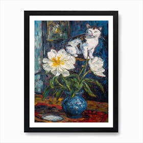 Still Life Of Peony With A Cat 2 Art Print