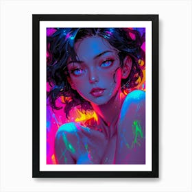 A cyberpunk anime girl with a cute face emerges from the water — a wet, nude fantasy bathed in neon colors and erotic allure. Art Print