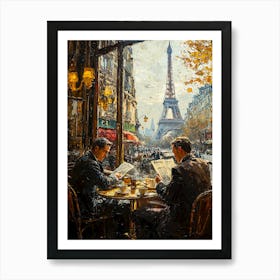 Classic Parisian Café With Eiffel Tower View – Vintage 1940s Paris Art Print Art Print