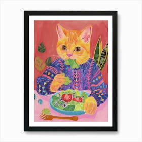 Tan Cat Eating A Salad Folk Illustration 4 Art Print