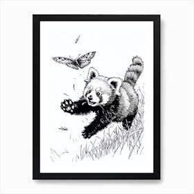 Red Panda Cub Chasing After A Butterfly Ink Illustration 4 Art Print