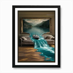 Surreal Escape River From Oil Painting Spills Into Living Room Scene 3 Art Print