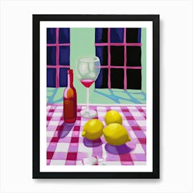 Lemons On Checkered Table, Magenta Tones, Frenchch Riviera In Matisse Style 0 Art Print