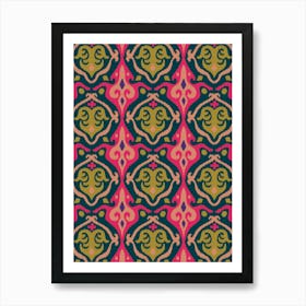 JAVA Boho Ikat Woven Texture Style in Exotic Pink Green Blush Purple on Dark Teal Blue Art Print