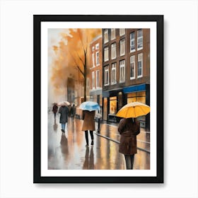 Amsterdam cafes, autumn season, rain, autumn oil colours.Faded colours,People passing on the street, winter clothes, rain umbrellas.12 4 Poster