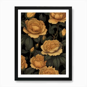 Yellow Roses On Black Background Art Print