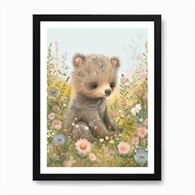 Sloth Bear Cub In A Field Of Flowers Storybook Illustration 4 Art Print