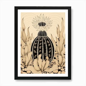 B&W Cactus Illustration Barrel Cactus 2 Art Print