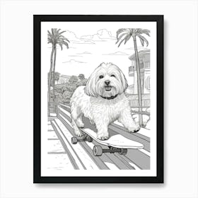 Havanese Dog Skateboarding Line Art 4 Art Print