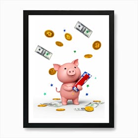 Baby Pig As A Corporate Mascot Clutching A Billfold Playing Cards Scattered Nearby Depicting Variou (2) Art Print