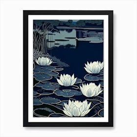 Water Lily Pond Landscapes Waterscape Linocut 1 Art Print