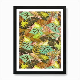 Hiding Tropical Tree Frogs in Warm Green Foliage on Pastel Peach Art Print