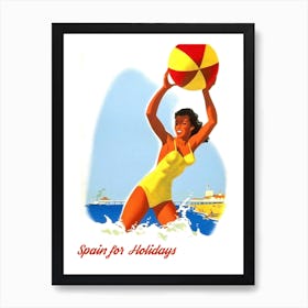 Spain For Holidays, Happy Swimmer With Beach Ball Art Print