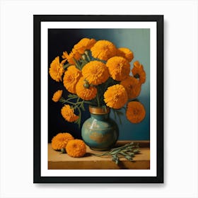 Orange Flowers In A Blue Vase Art Print