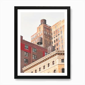 New York, USA I Roofs with water tanks in skyline with its minimalist industrial red brick new yorker loft architecture in a red aesthetic with the retro vintage style of old film photography Art Print