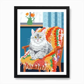 Cat On Crochet Vintage Chair Illustration 1 Art Print