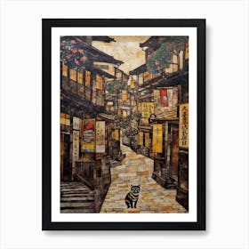 Painting Of Tokyo With A Cat In The Style Of Gustav Klimt 1 Art Print