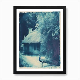 Vintage Blue Cyanotype Of A Peacock Outside A Cottage Art Print