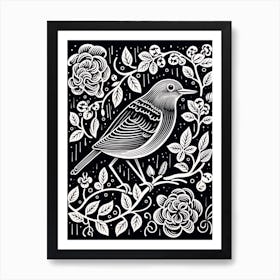 B&W Bird Linocut European Robin 1 Art Print