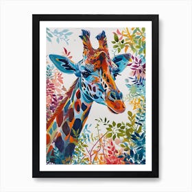 Portrait Of Giraffe With Leaves Watercolour Style Art Print