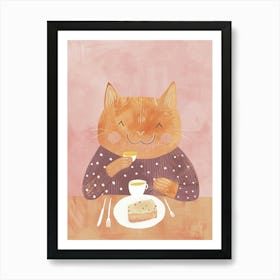 Tan Cat Having Breakfast Folk Illustration 2 Affiche