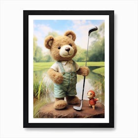 Golf Teddy Bear Painting Watercolour 1 Art Print