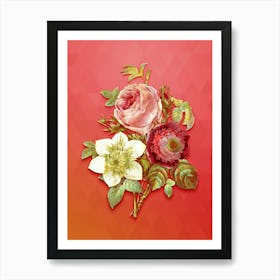 Vintage Anemone Rose Botanical Art on Fiery Red n.0491 Art Print