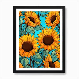 Sunflowers On Blue Background 1 Art Print