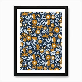 Cute Soft Scattered Scandi Florals Navy Blue, Gold Yellow, Ice Blue Art Print