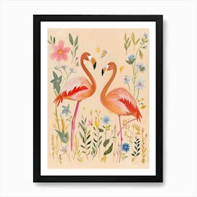 Folksy Floral Animal Drawing Flamingo Art Print