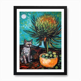 Still Life Of Proteas With A Cat 3 Art Print
