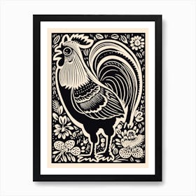 B&W Bird Linocut Chicken 6 Art Print