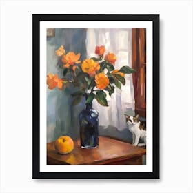 Flower Vase Magnolia With A Cat 3 Impressionism, Cezanne Style Art Print